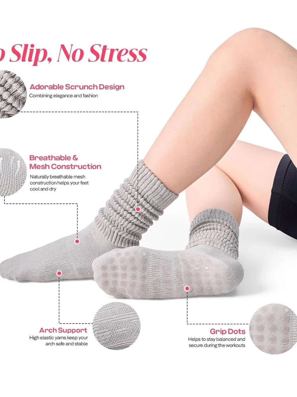 CoolMate Women's Scrunch Crew Socks, 3 Pairs each pk. Includes 2 pks